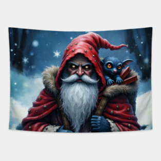 Frostbite Santa & His Mischief Elf. Tapestry