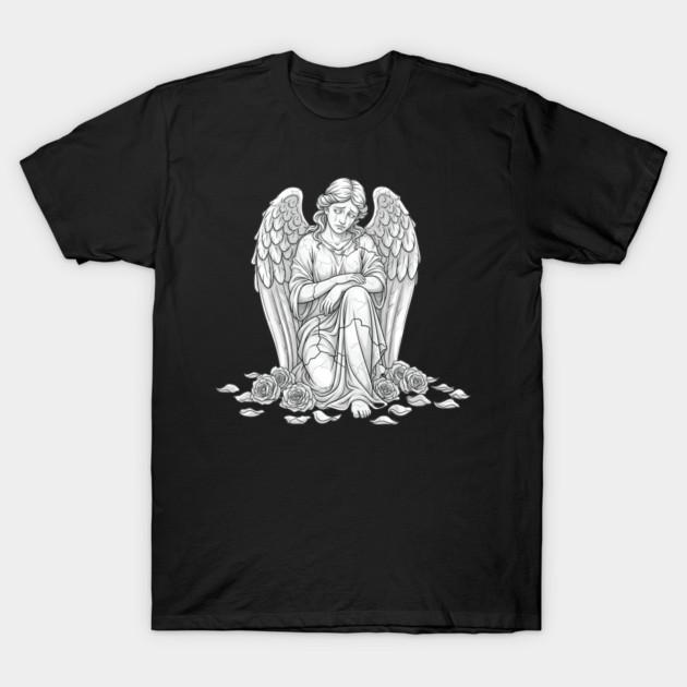 Mourning Angel Kneeling Among Roses Line Art