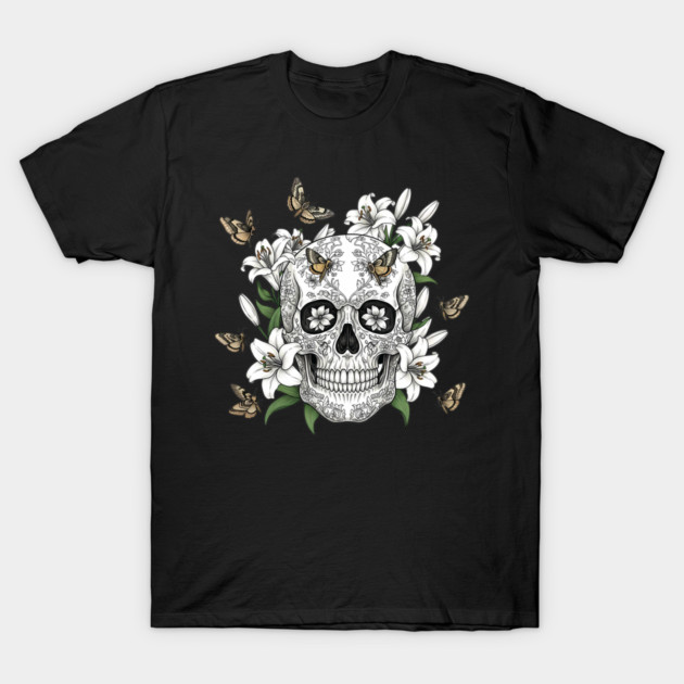 Ornate Sugar Skull With Lilies and Moths