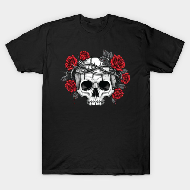 Skull With Crown of Thorns and Red Roses