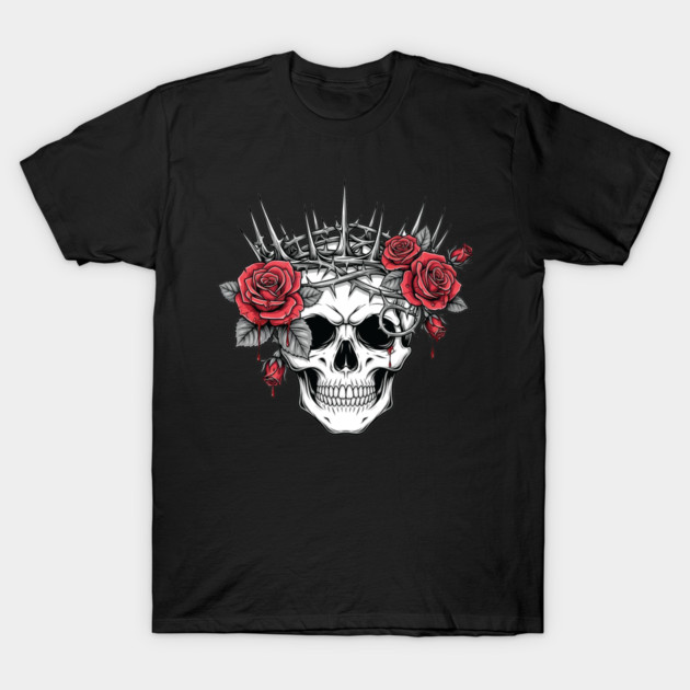 Skull With Thorny Crown and Dripping Red Roses