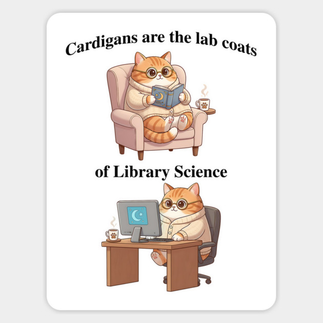 Cardigans are The Lab Coats of Library Science, Cute cat design Magnet by Luxinda