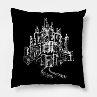 Haunted Castle On A Hill, goth spooky line art Pillow