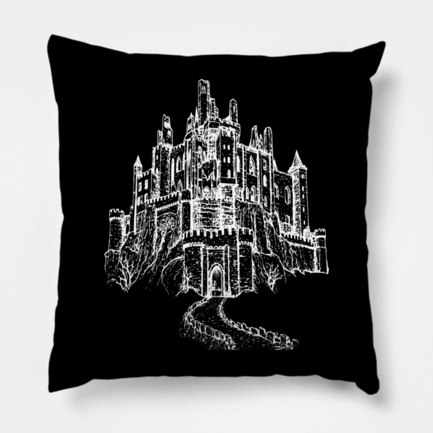 Haunted Castle On A Hill, goth spooky line art Pillow by Luxinda