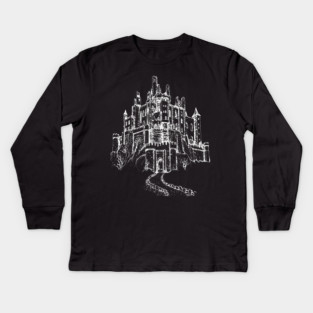 Haunted Castle On A Hill, goth spooky line art Kids Long Sleeve T-Shirt