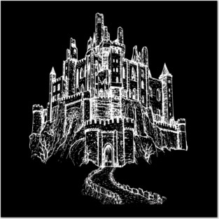 Haunted Castle On A Hill, goth spooky line art Posters and Art