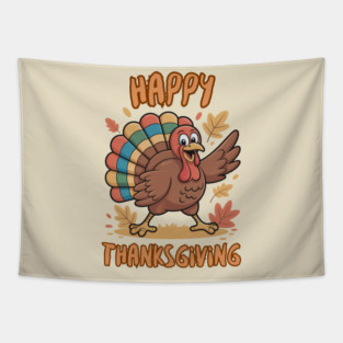 Cheerful Turkey With Autumn Leaves – Happy Thanksgiving Vibes Tapestry
