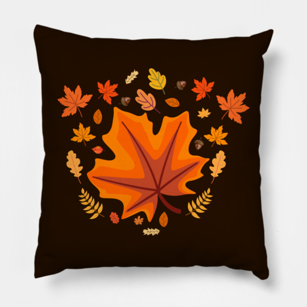 Bright Autumn Maple Leaf With Falling Fall Foliage Pillow by Creatifly Graphic Tees