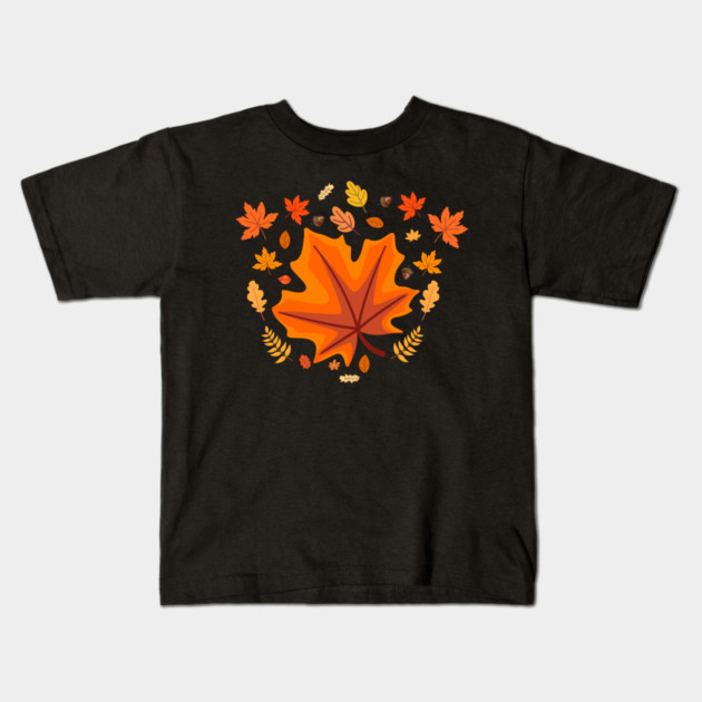 Bright Autumn Maple Leaf With Falling Fall Foliage Kids T-Shirt by Creatifly Graphic Tees