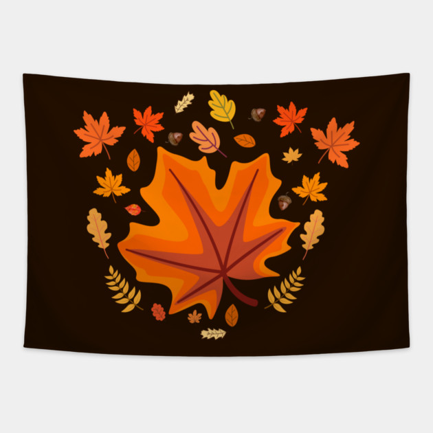 Bright Autumn Maple Leaf With Falling Fall Foliage Tapestry by Creatifly Graphic Tees