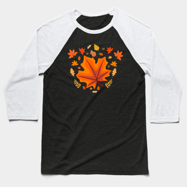 Bright Autumn Maple Leaf With Falling Fall Foliage Baseball T-Shirt by Creatifly Graphic Tees