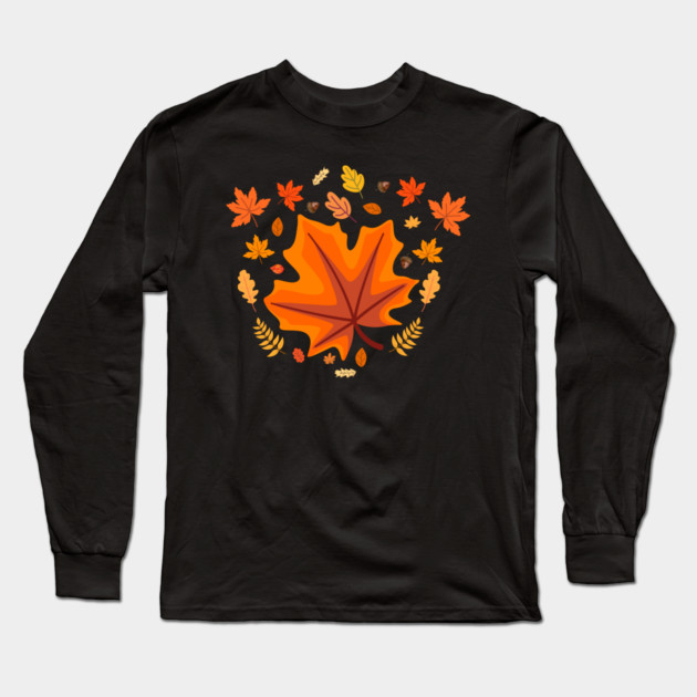 Bright Autumn Maple Leaf With Falling Fall Foliage Long Sleeve T-Shirt by Creatifly Graphic Tees