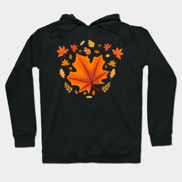 Bright Autumn Maple Leaf With Falling Fall Foliage Hoodie by Creatifly Graphic Tees