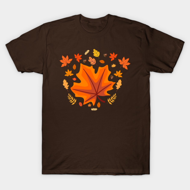 Bright Autumn Maple Leaf With Falling Fall Foliage T-Shirt by Creatifly Graphic Tees