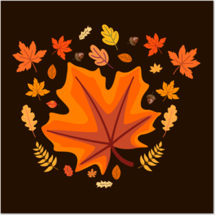 Bright Autumn Maple Leaf With Falling Fall Foliage Posters and Art