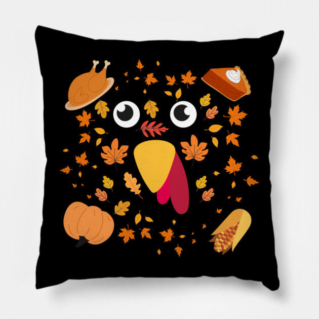 Cute Turkey Face With Autumn Leaves and Thanksgiving Food Pillow by Creatifly Graphic Tees