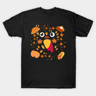 Cute Turkey Face With Autumn Leaves and Thanksgiving Food T-Shirt