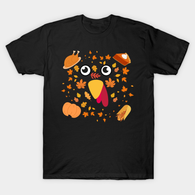 Cute Turkey Face With Autumn Leaves and Thanksgiving Food T-Shirt by Creatifly Graphic Tees