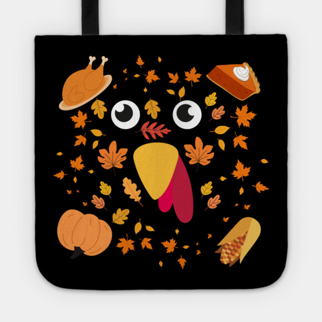 Cute Turkey Face With Autumn Leaves and Thanksgiving Food Tote by Creatifly Graphic Tees