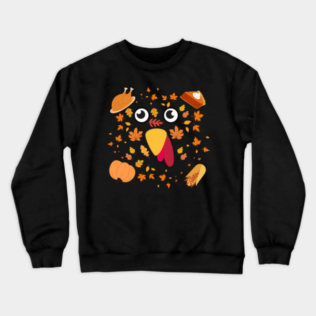Cute Turkey Face With Autumn Leaves and Thanksgiving Food Crewneck Sweatshirt by Creatifly Graphic Tees