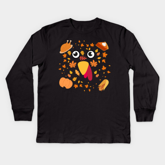 Cute Turkey Face With Autumn Leaves and Thanksgiving Food Kids Long Sleeve T-Shirt by Creatifly Graphic Tees