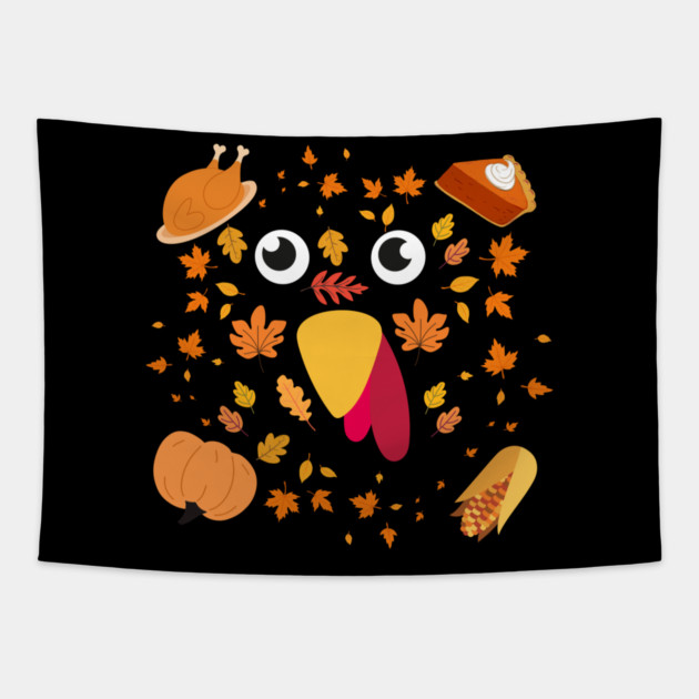 Cute Turkey Face With Autumn Leaves and Thanksgiving Food Tapestry by Creatifly Graphic Tees