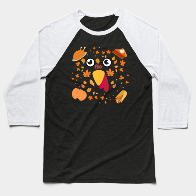 Cute Turkey Face With Autumn Leaves and Thanksgiving Food Baseball T-Shirt by Creatifly Graphic Tees