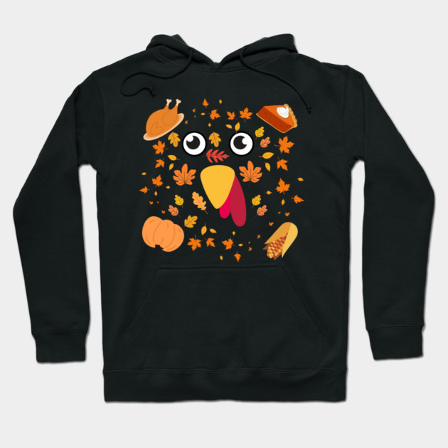 Cute Turkey Face With Autumn Leaves and Thanksgiving Food Hoodie by Creatifly Graphic Tees