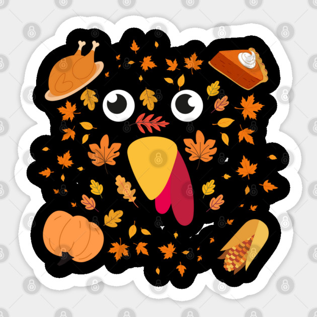 Cute Turkey Face With Autumn Leaves and Thanksgiving Food Sticker by Creatifly Graphic Tees