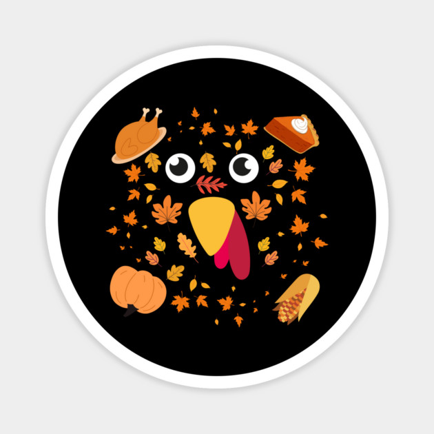 Cute Turkey Face With Autumn Leaves and Thanksgiving Food Magnet by Creatifly Graphic Tees