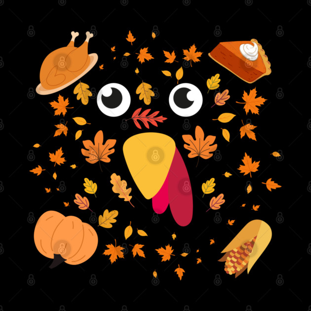 Cute Turkey Face With Autumn Leaves and Thanksgiving Food by Creatifly Graphic Tees