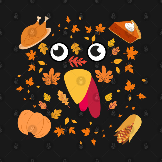 Cute Turkey Face With Autumn Leaves and Thanksgiving Food by Creatifly Graphic Tees