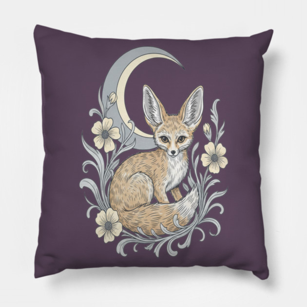 Fennec Fox with Moon and Florals Pillow by BirdsnStuff