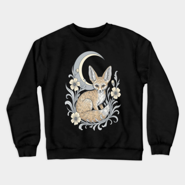 Fennec Fox with Moon and Florals Crewneck Sweatshirt by BirdsnStuff