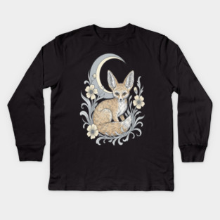 Fennec Fox with Moon and Florals Kids Long Sleeve T-Shirt
