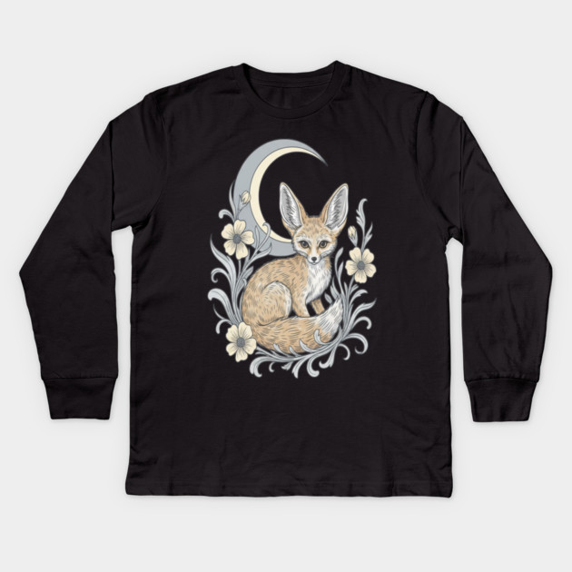 Fennec Fox with Moon and Florals Kids Long Sleeve T-Shirt by BirdsnStuff