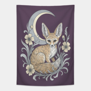 Fennec Fox with Moon and Florals Tapestry