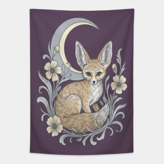 Fennec Fox with Moon and Florals Tapestry by BirdsnStuff