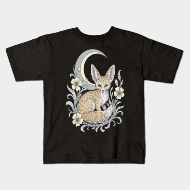 Fennec Fox with Moon and Florals Kids T-Shirt by BirdsnStuff