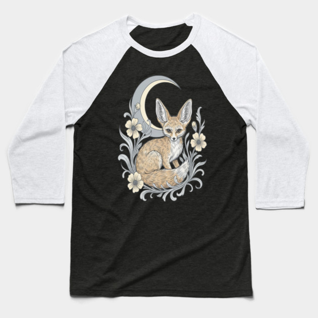 Fennec Fox with Moon and Florals Baseball T-Shirt by BirdsnStuff