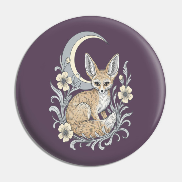 Fennec Fox with Moon and Florals Pin by BirdsnStuff