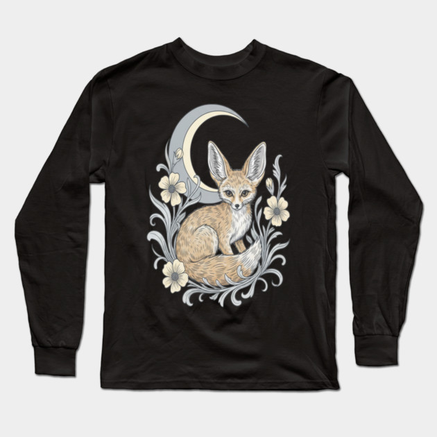 Fennec Fox with Moon and Florals Long Sleeve T-Shirt by BirdsnStuff