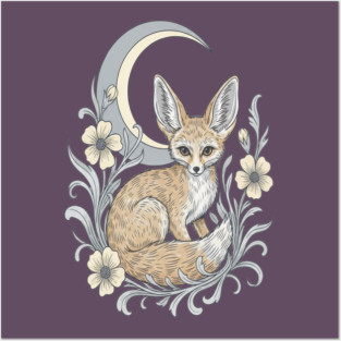 Fennec Fox with Moon and Florals Posters and Art