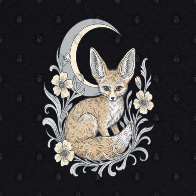 Fennec Fox with Moon and Florals by BirdsnStuff