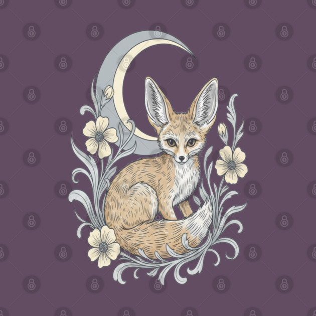 Fennec Fox with Moon and Florals by BirdsnStuff