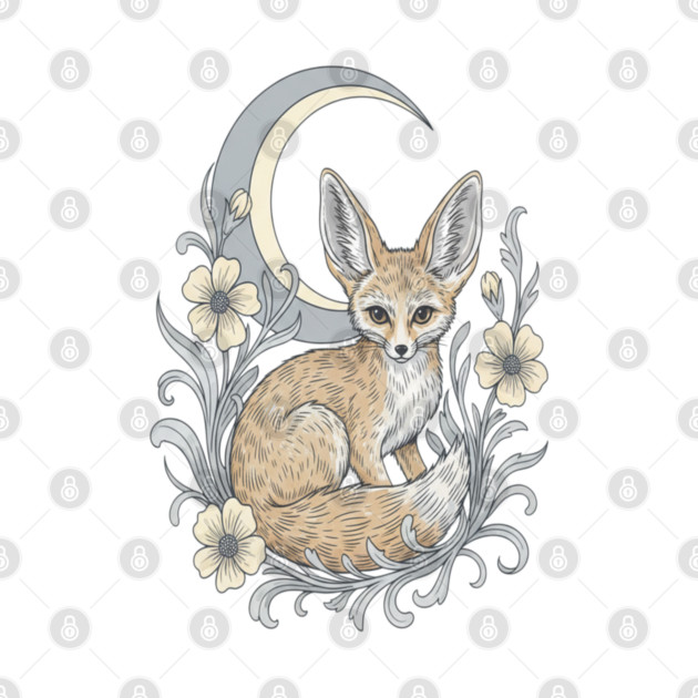 Fennec Fox with Moon and Florals by BirdsnStuff