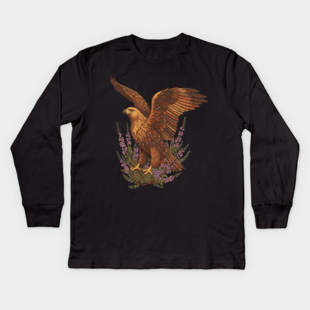 Golden Eagle with Highland Florals Kids Long Sleeve T-Shirt by BirdsnStuff