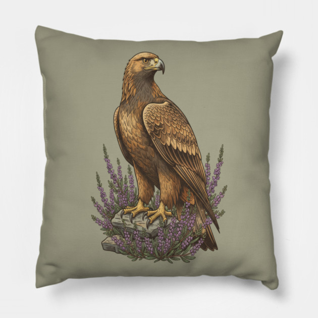 Golden Eagle with Heather Design Pillow by BirdsnStuff