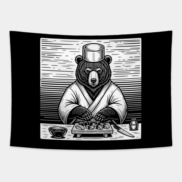Bear Sushi Chef Tapestry by enrynz