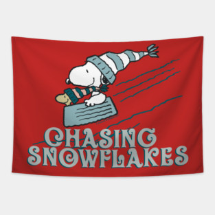 Peanuts Christmas Snoopy Chasing Snowflakes Tapestry